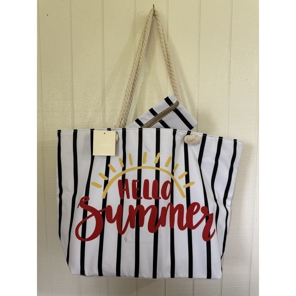 Riah Fashion Hello Summer Beach Tote Bag Striped Canvas Rope Handle with Pouch - Picture 2 of 4